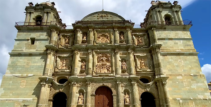 Santo Domingo church facade in Oaxaca City with detailed baroque architecture