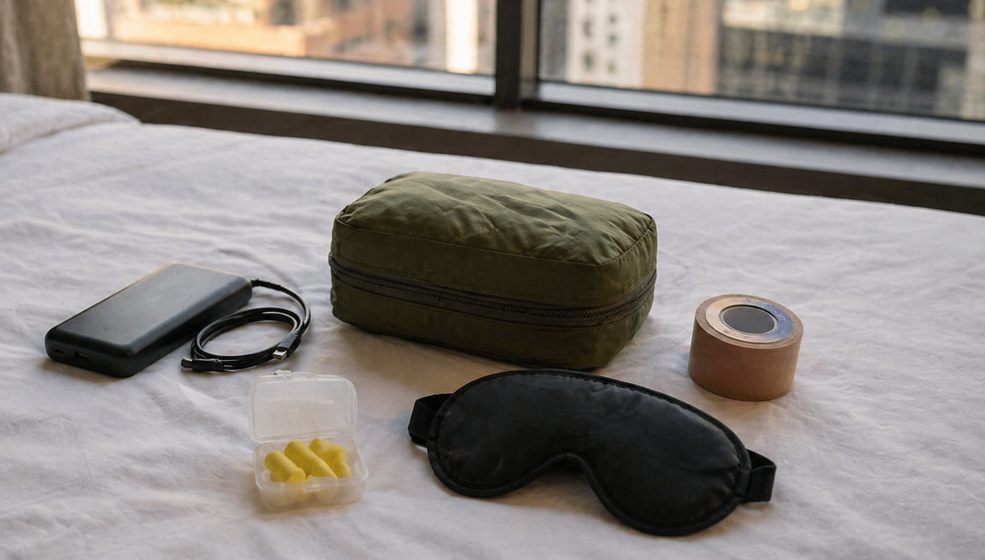 A collection of travel essentials laid out on a white surface, including a green travel pillow, a black contoured eye mask, a small clear case with yellow foam earplugs, and a grey tech accessory pouch.