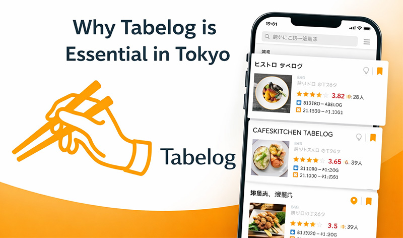 Tabelog restaurant app interface in Japanese with iPhone showing how to browse local Tokyo restaurants and translate menus into English
