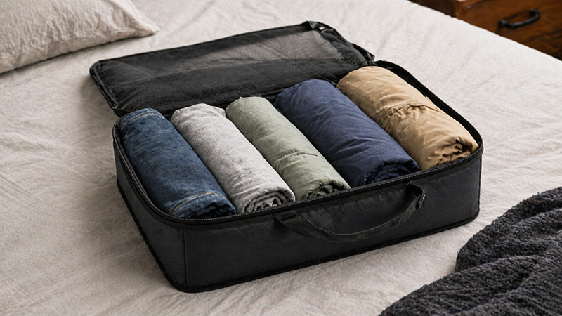 A high-angle, close-up shot of a black compression packing cube filled with neatly rolled clothing in shades of grey, navy, and olive green, demonstrating an efficient and organized way to maximize luggage space.