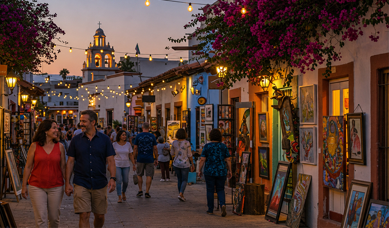 A bustling evening scene at the San José del Cabo Art Walk, showing a crowd of people strolling down a narrow, historic street lined with colonial-style buildings, art galleries, and vibrant purple bougainvillea, all under a twilight sky with glowing street lanterns.