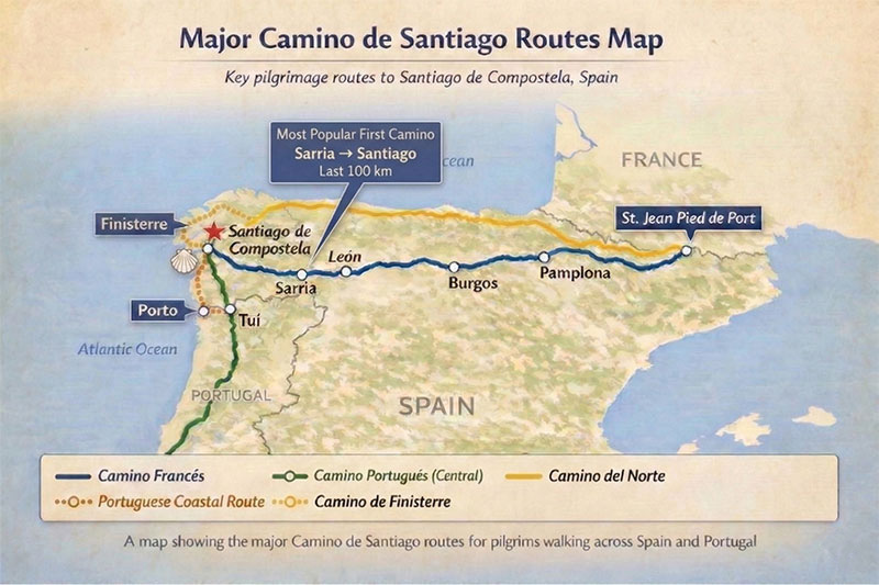 A map of the major Camino de Santiago pilgrimage routes across Spain and Portugal, showing the Camino Francés, Camino Portugués, Camino del Norte, and the extension to Finisterre. The map highlights key starting points like Saint-Jean-Pied-de-Port and Porto, leading to the final destination of Santiago de Compostela.