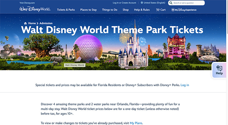 A screenshot of the official Walt Disney World website showing colorful theme park ticket options and resort information under a bright blue header.