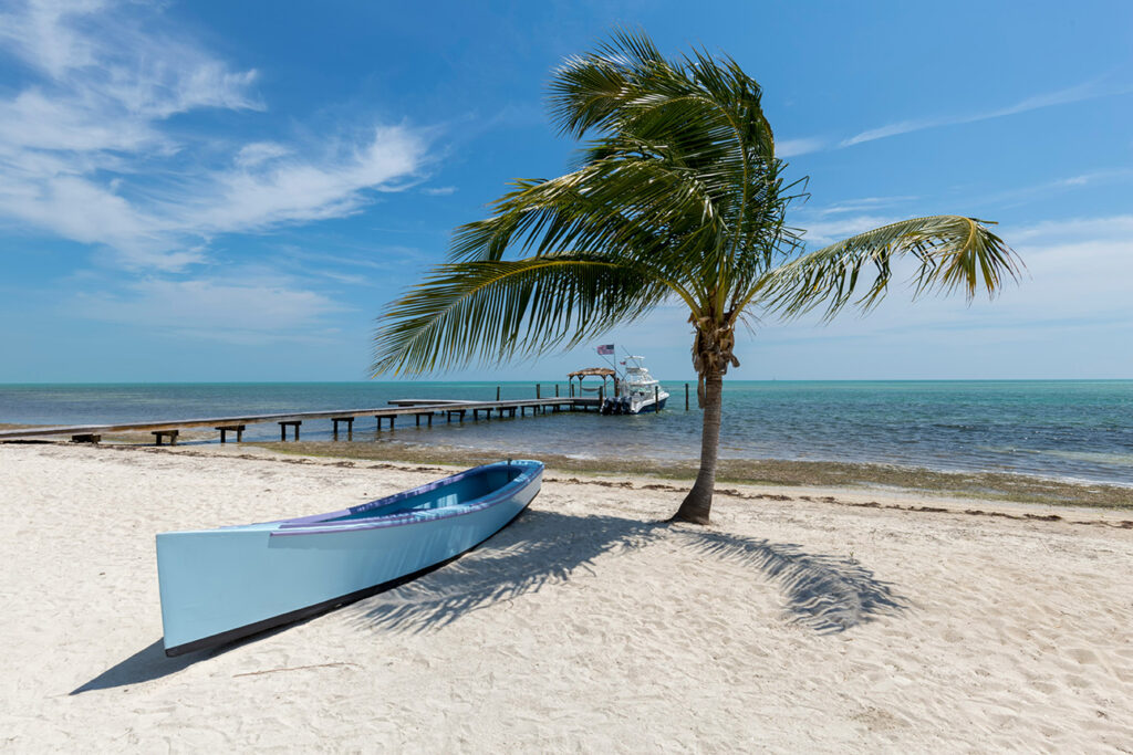 A tropical beach scene in Islamorada featuring a single leaning palm tree on a patch of white sand, with a small white boat resting near the calm, light blue water under a clear sky.