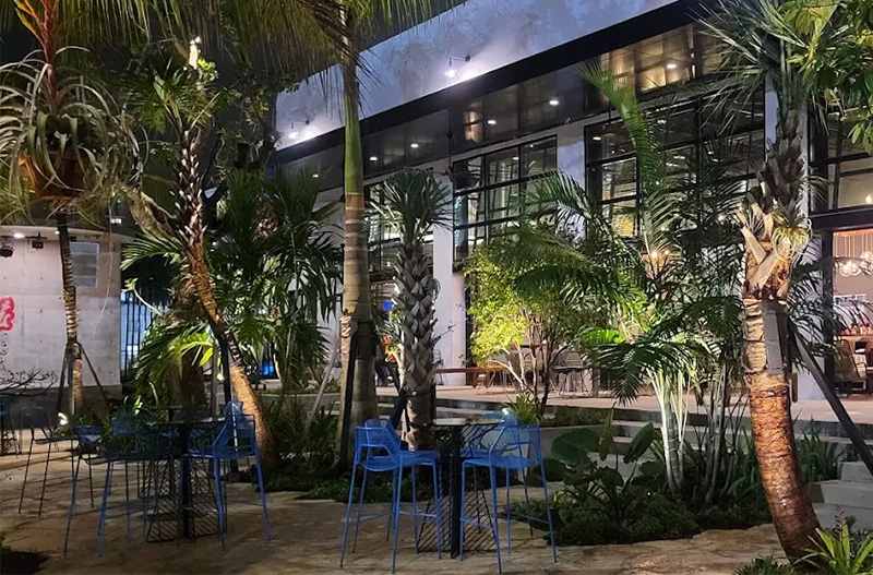 An outdoor patio area at Cerveceria La Tropical, featuring blue metal chairs around tables, surrounded by lush green tropical plants and trees under a partially covered structure.