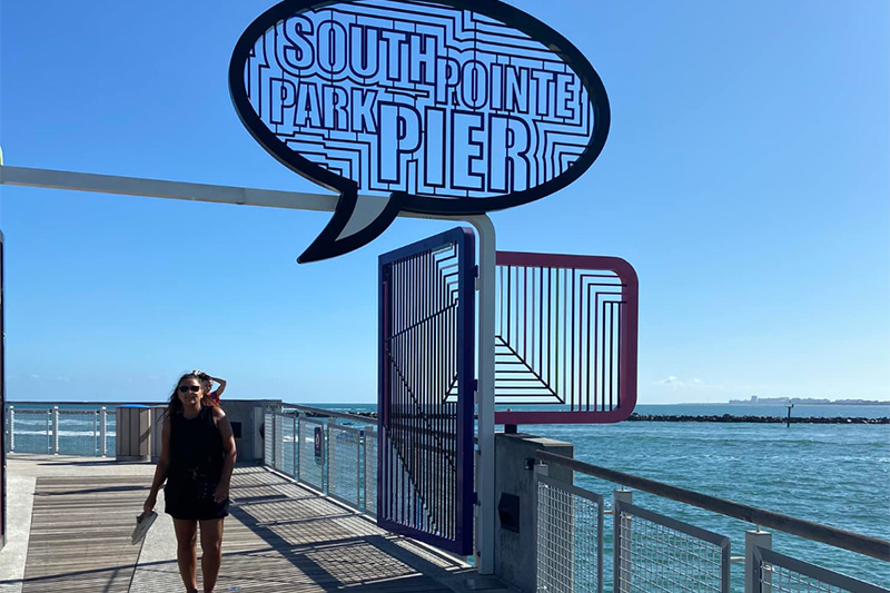 South Pointe Park Pier in Miami Beach with ocean views and the pier entrance sign on a sunny day