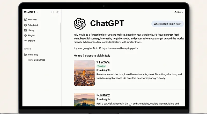 Screenshot of a laptop screen displaying a ChatGPT conversation outlining travel destination ideas and an itinerary for a trip to Italy.