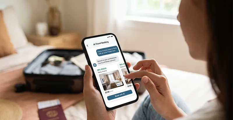An over-the-shoulder view of a woman sitting on a bed, using a smartphone to book a hotel room in Paris through an AI travel assistant app.