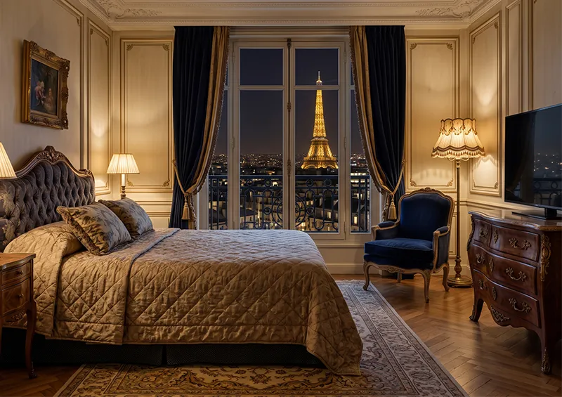 A cozy hotel room in Paris with a view through French windows of the illuminated Eiffel Tower at night.