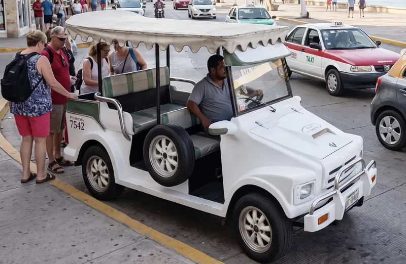 White open-air pulmonía taxi with a canopy and driver parked beside a sidewalk in Mazatlán.