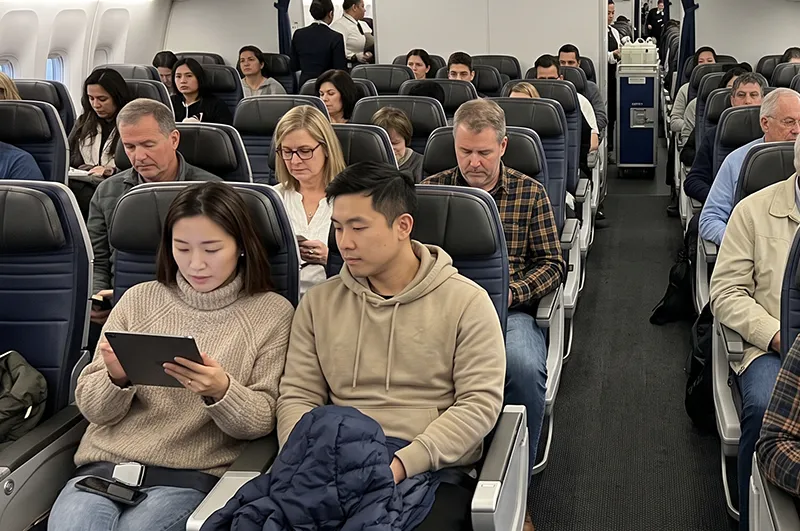 A candid, busy indoor photograph taken from down the aisle of an airplane cabin during a flight, showing several rows filled with diverse passengers in their seats.