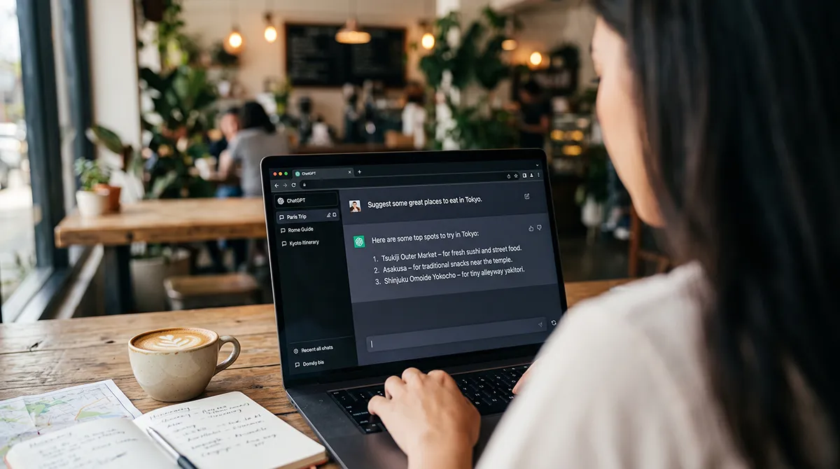 ver-the-shoulder view of a person at a bustling coffee shop using an AI chatbot (ChatGPT) on their laptop to plan a trip to Tokyo, with suggestions on the screen, alongside an open notebook, map, and a coffee on a wooden table.